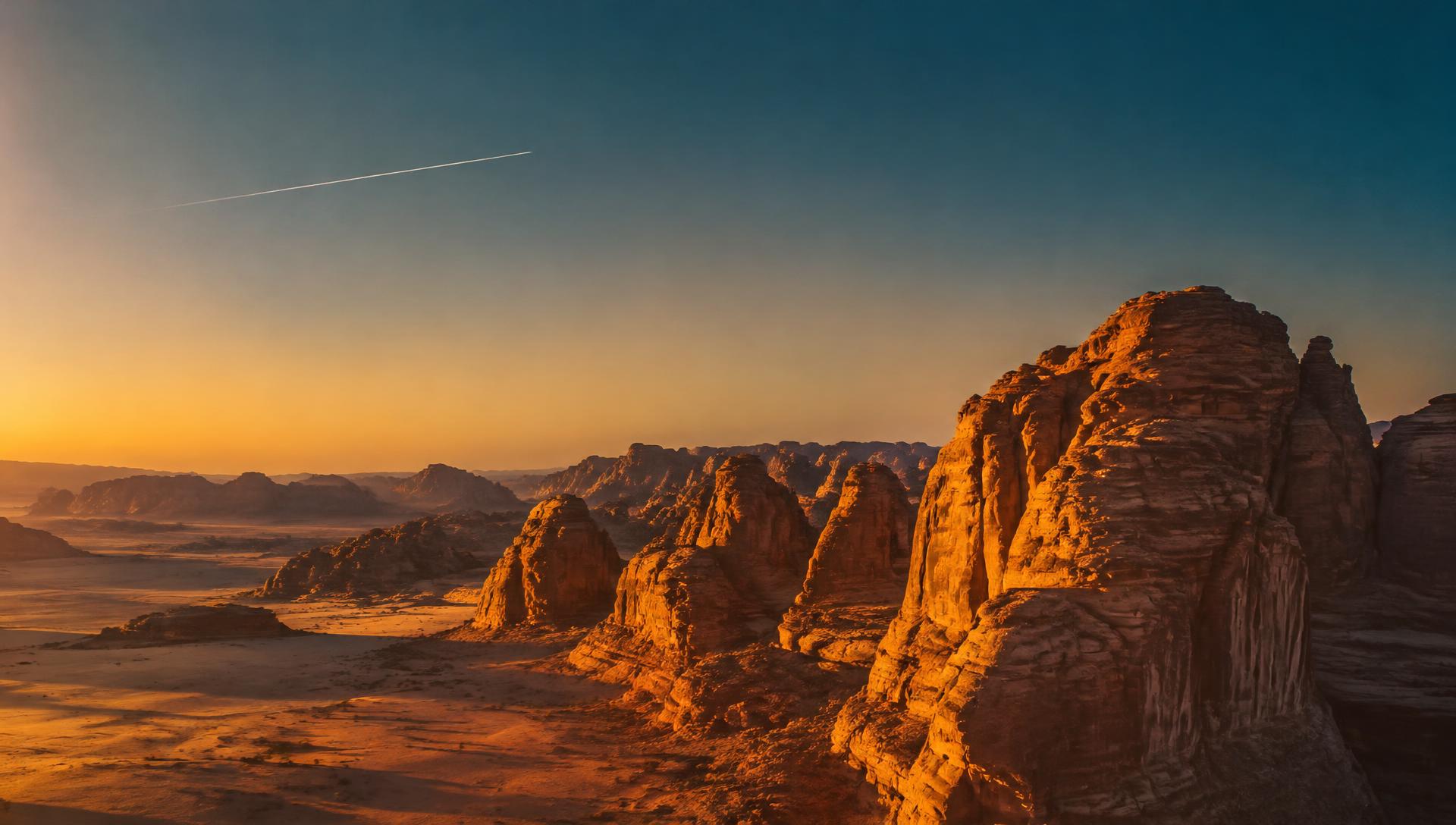 AlUla sandstone formations at dusk with a jet contrail